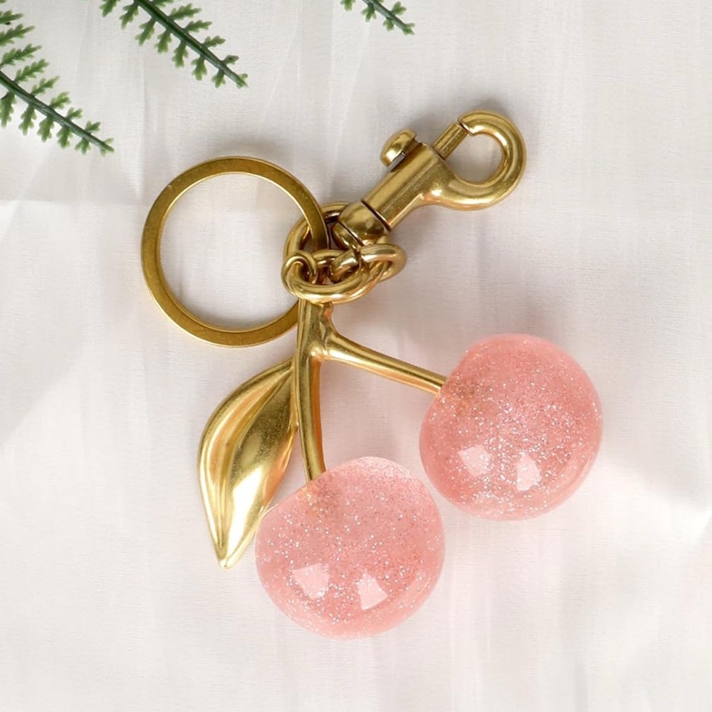 Elegant Gold and Pink Cherry Keychain